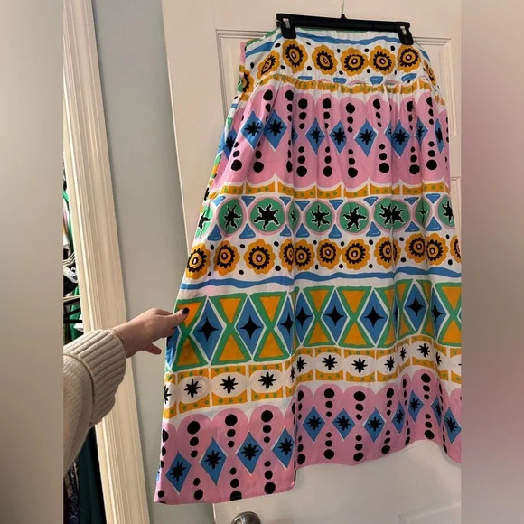 Colorful Geometric Dropped Waist Cotton Poplin Patterned Maxi Skirt - Picture 4 of 6